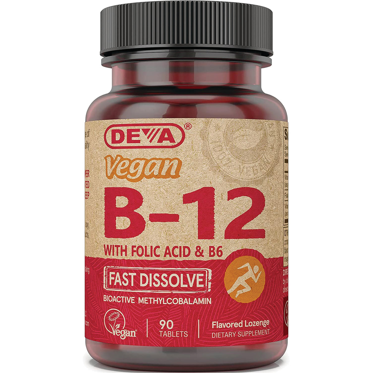 DEV008 | DEVA Vegan B-12 fast dissolve flavored lozenges bottle labeled 90 tablets