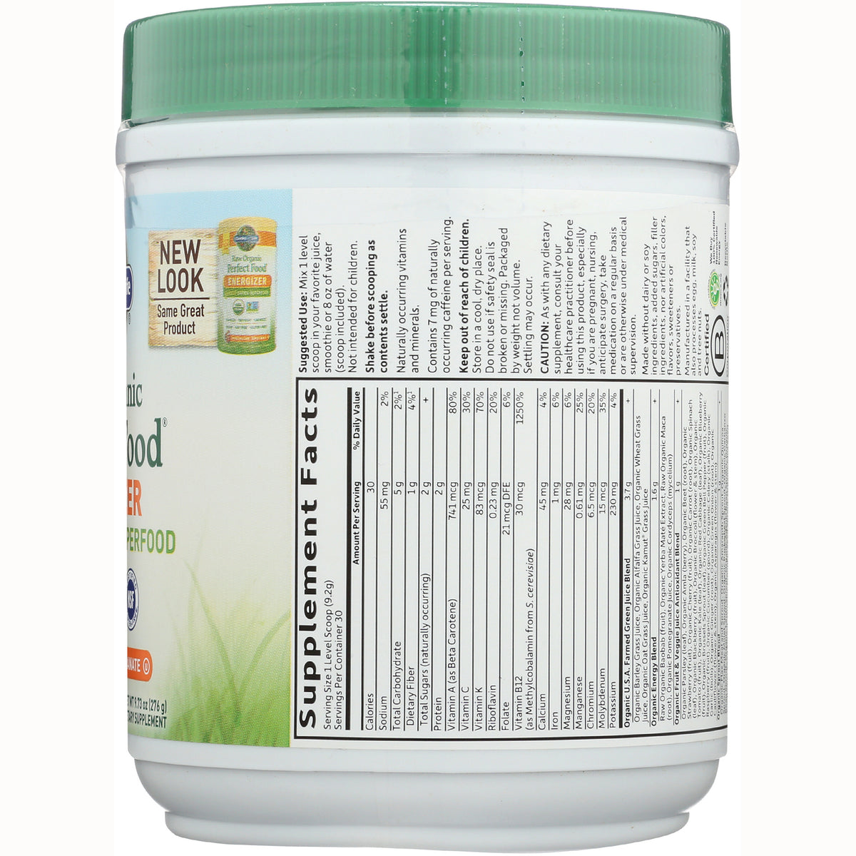 GLF168 | Back label of white supplement tub showing Supplement Facts panel, ingredients and suggested use under green lid