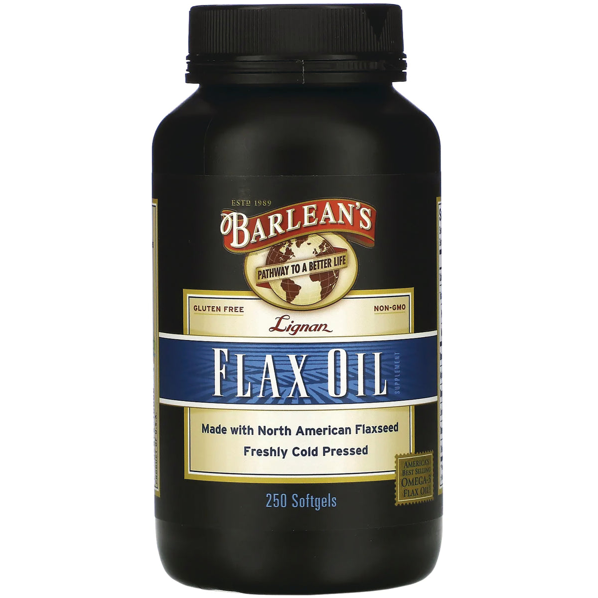 BAR004 | Barlean's Flax Oil 250 softgels front label on black bottle