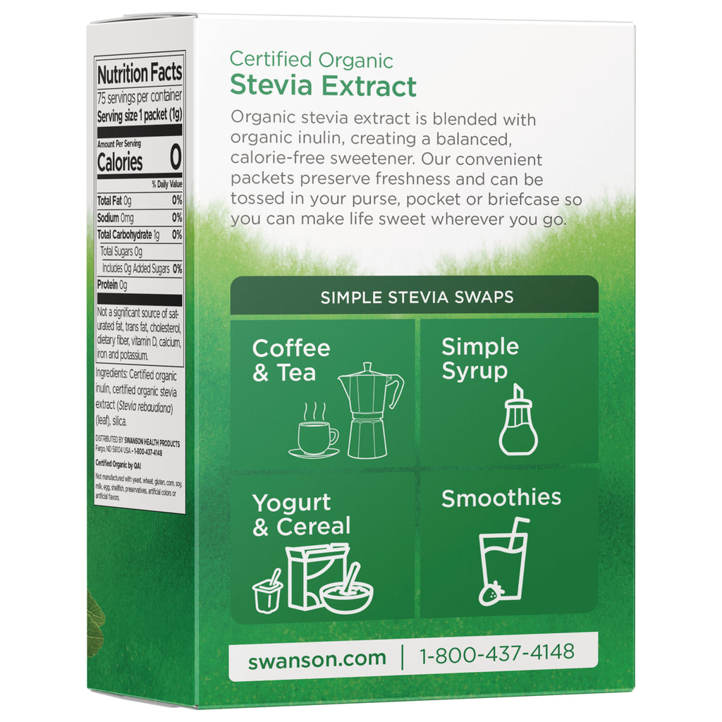 SWF104 | Back of box with nutrition facts; Certified Organic Stevia Extract; swaps for coffee, syrup, cereal, smoothies - Thumbnail