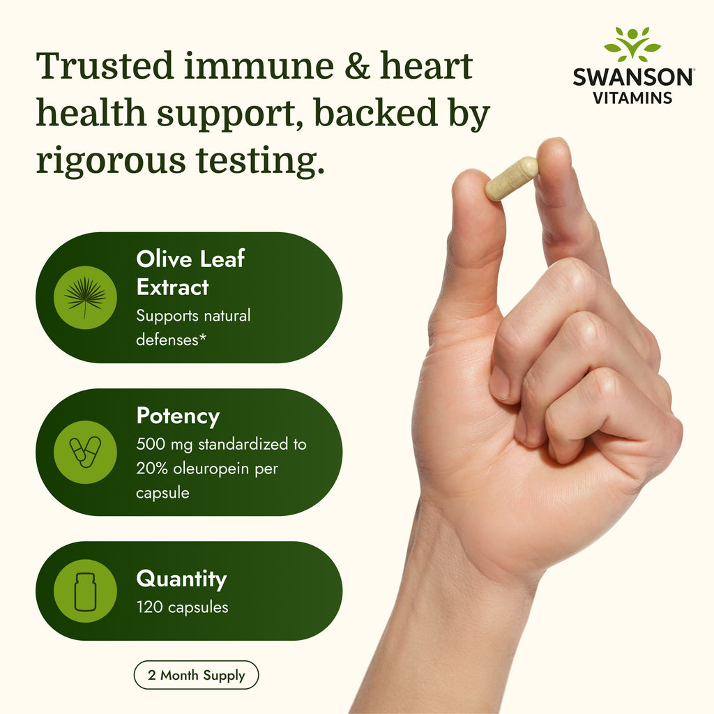 SWH159 | Hand holding olive leaf extract capsule with product benefits and Swanson Vitamins branding - Thumbnail