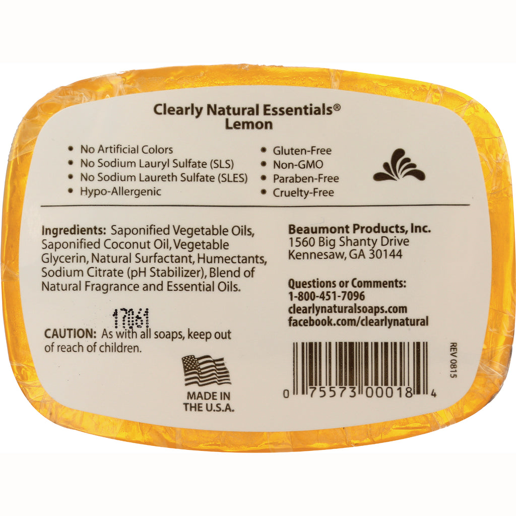 CLN009 | Clearly Natural Essentials Lemon soap back label showing ingredients, claims, barcode and Made in the U.S.A - Thumbnail