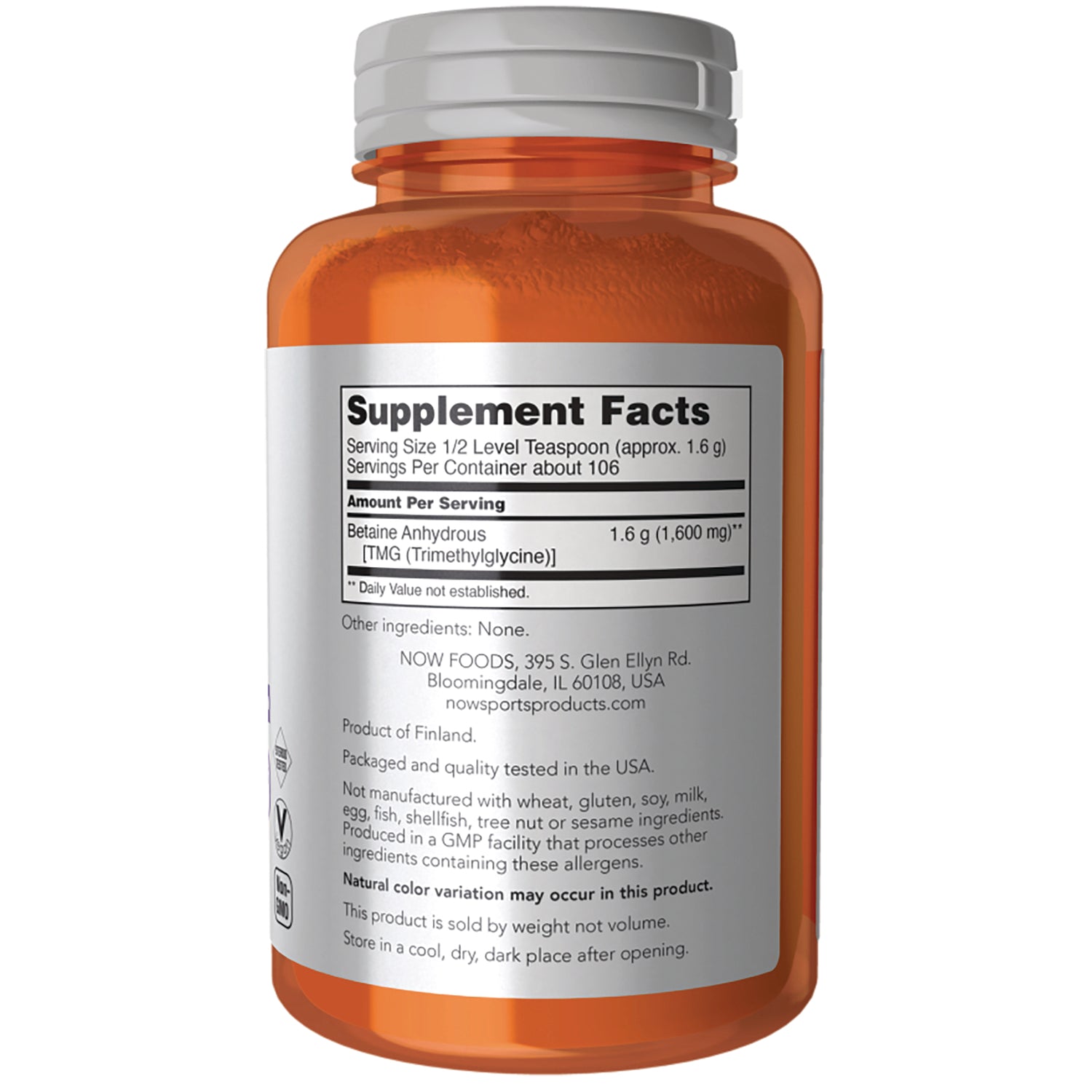 NWF1385 | Back of orange supplement bottle showing Supplement Facts label and ingredient text