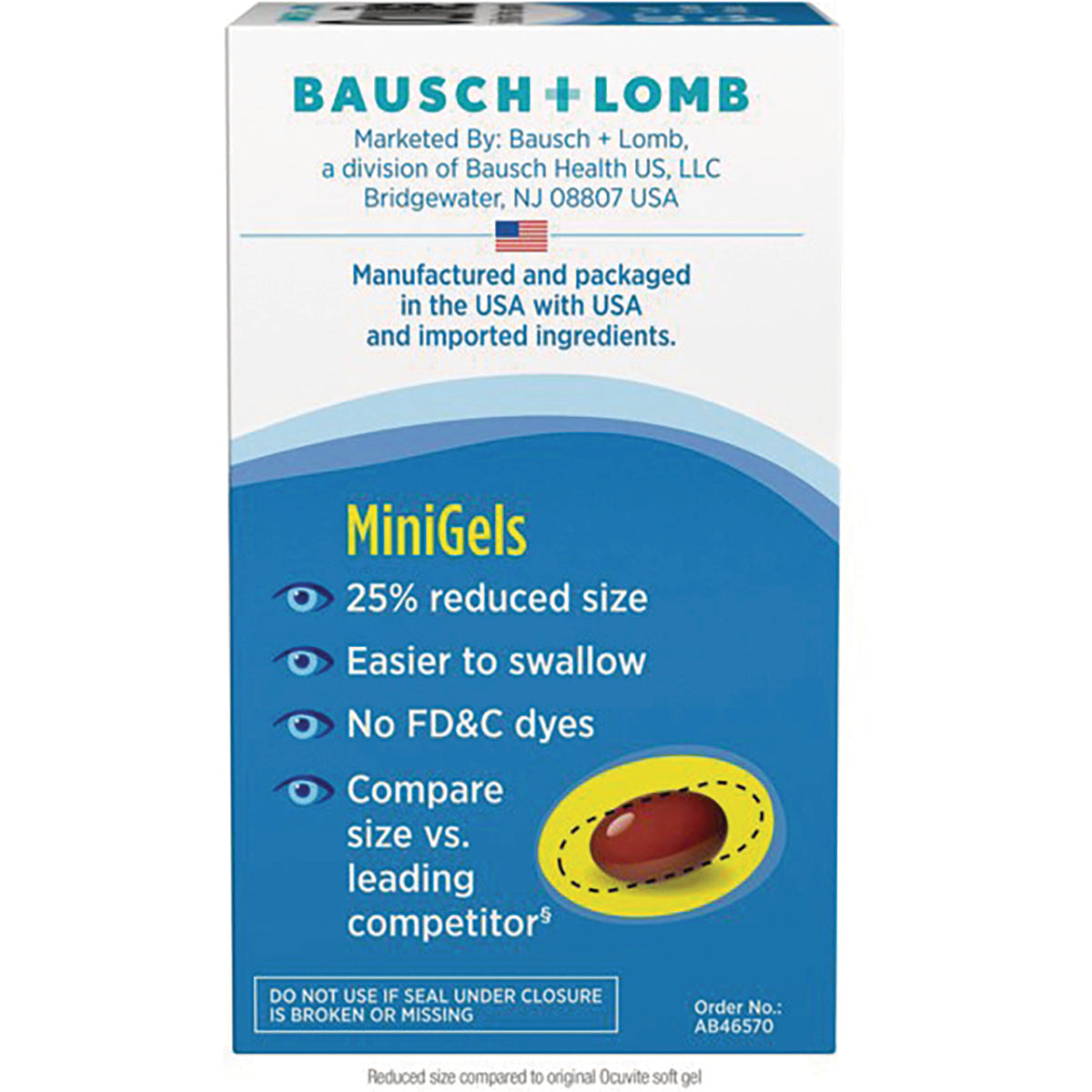 BNL028 | Back of Bausch + Lomb MiniGels box listing MiniGels, 25% reduced size, easier to swallow, no FD&C dyes