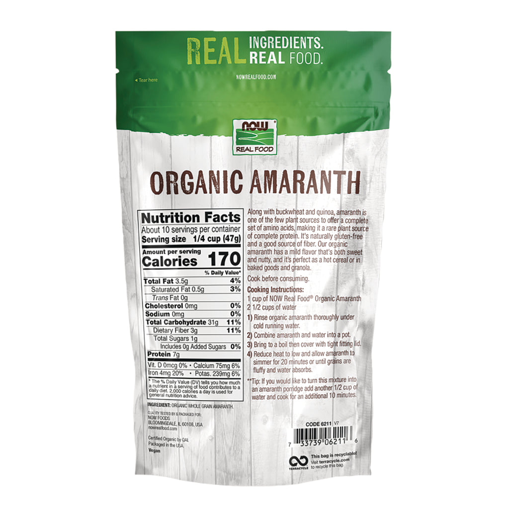 NWF1384 | Back of NOW Real Food Organic Amaranth pouch showing nutrition facts, cooking instructions, and barcode - Thumbnail