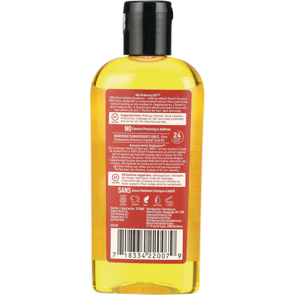 Amber plastic bottle back showing red ingredient panel, usage instructions and barcode
