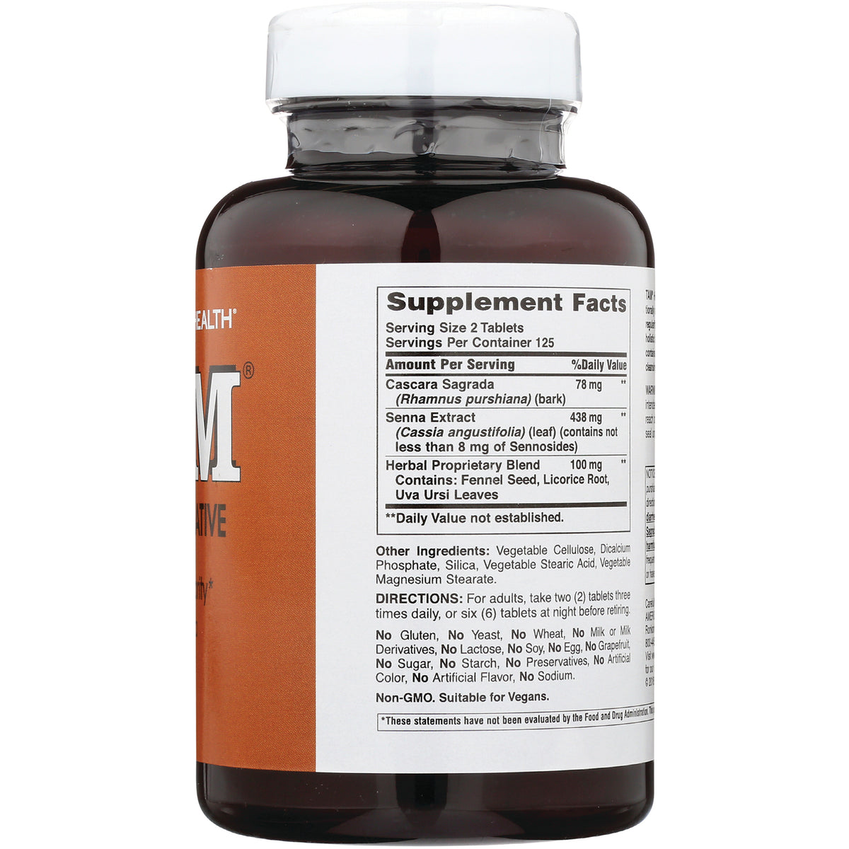 AM138 | Back label showing Supplement Facts panel, ingredients and directions on brown supplement bottle