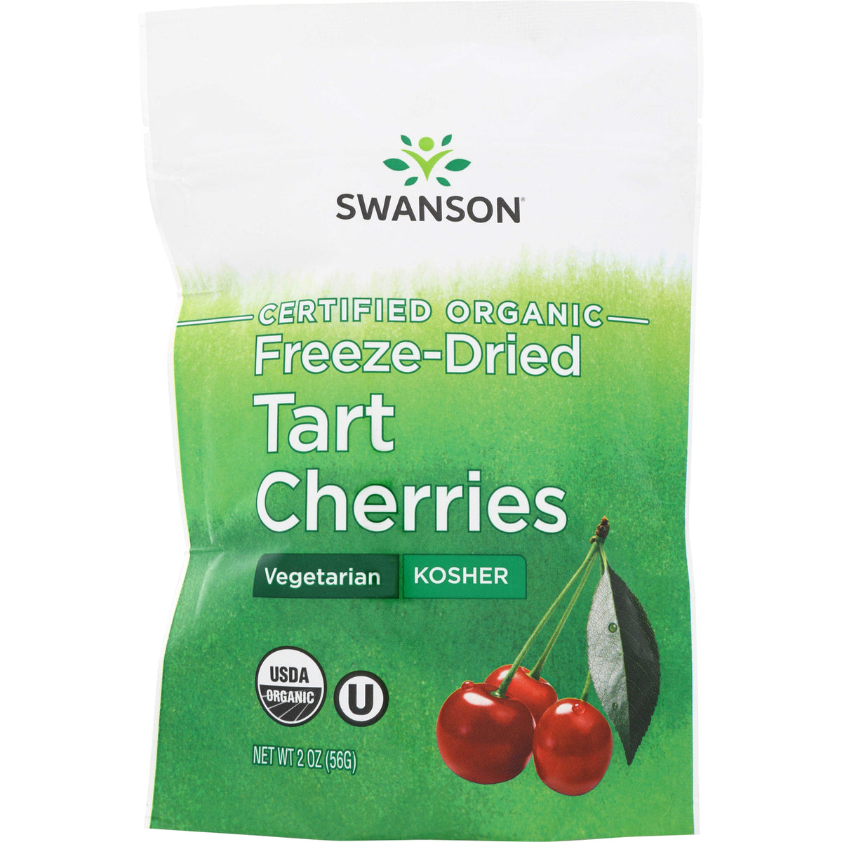 SWF088 | Swanson Certified Organic Freeze-Dried Tart Cherries, vegetarian and kosher, USDA Organic, 2 oz pouch