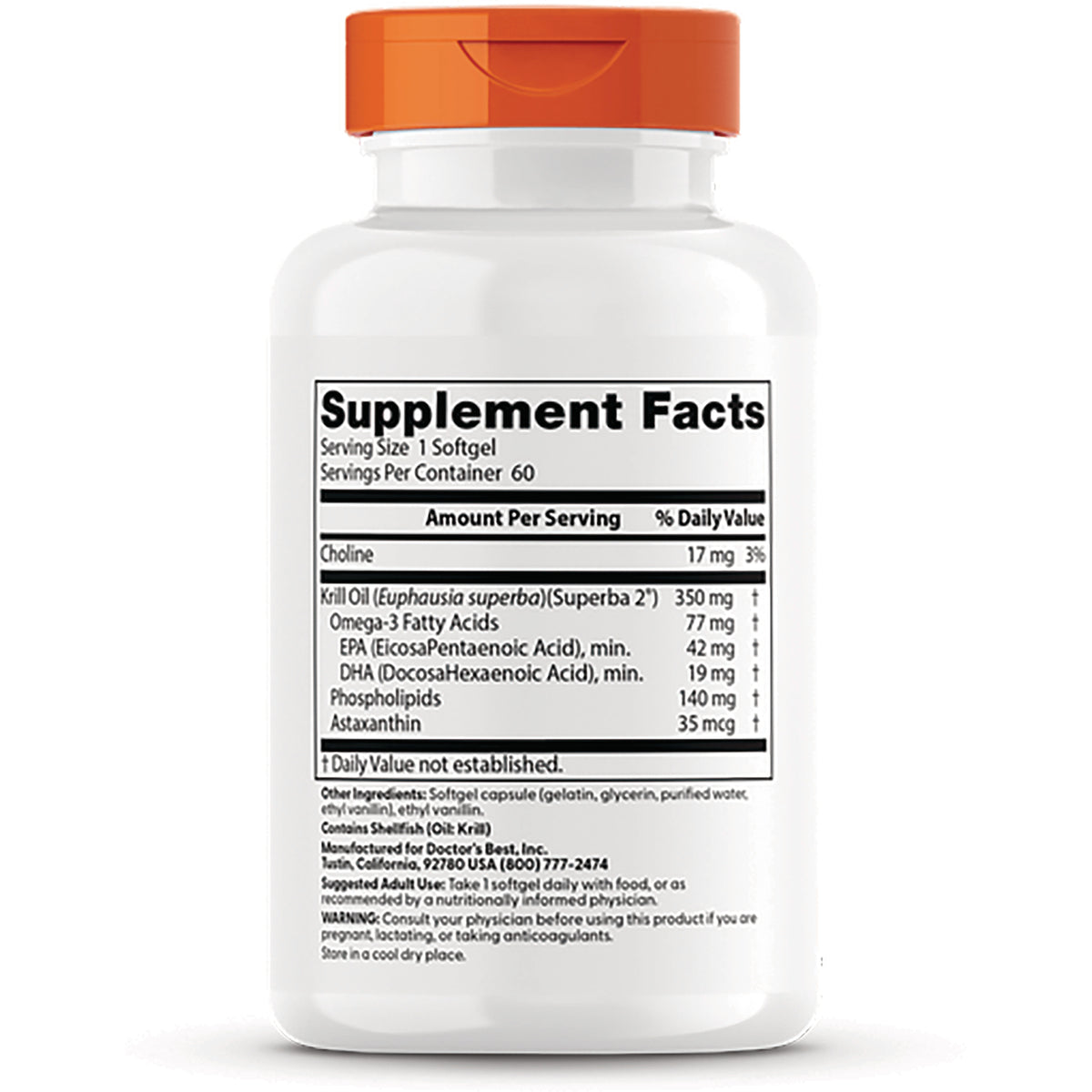 DB193 | Back label showing Supplement Facts panel and ingredients for krill oil softgels, serving size 1 softgel