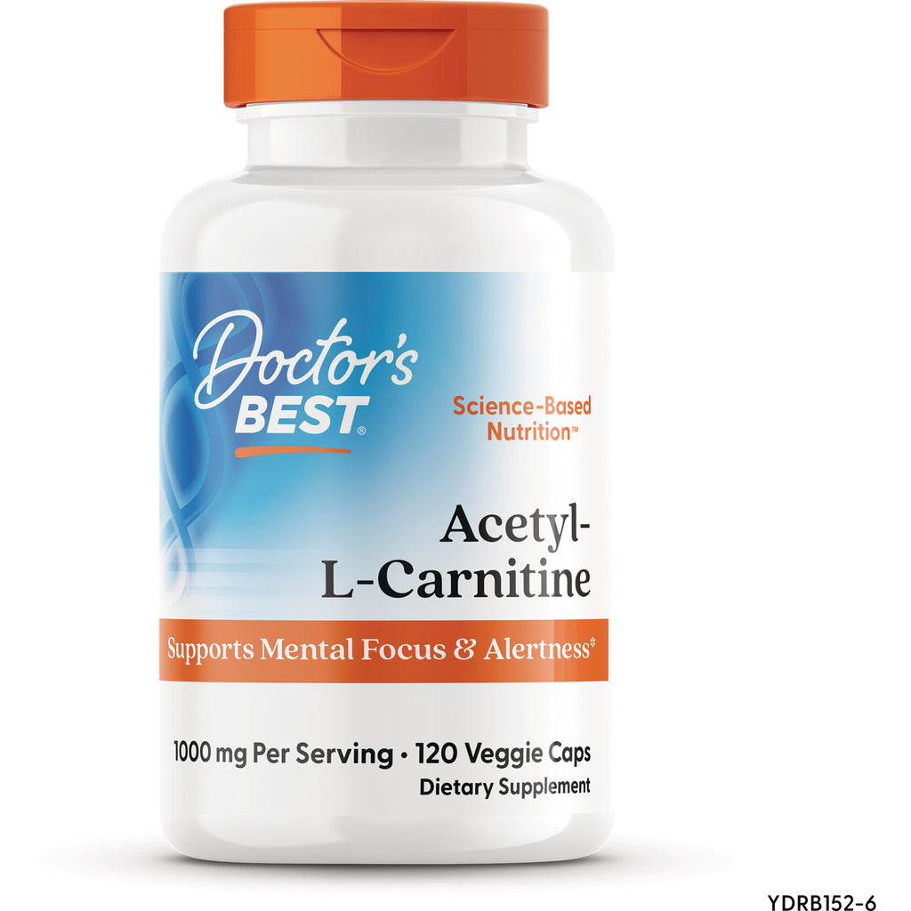 DB123 | Doctor's Best Acetyl-L-Carnitine bottle front, 120 veggie caps, 1000 mg per serving, supports mental focus & alertness - Thumbnail