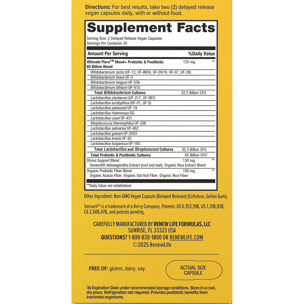 RNL255 | back panel showing Supplement Facts label, ingredients and usage directions on yellow box - Thumbnail