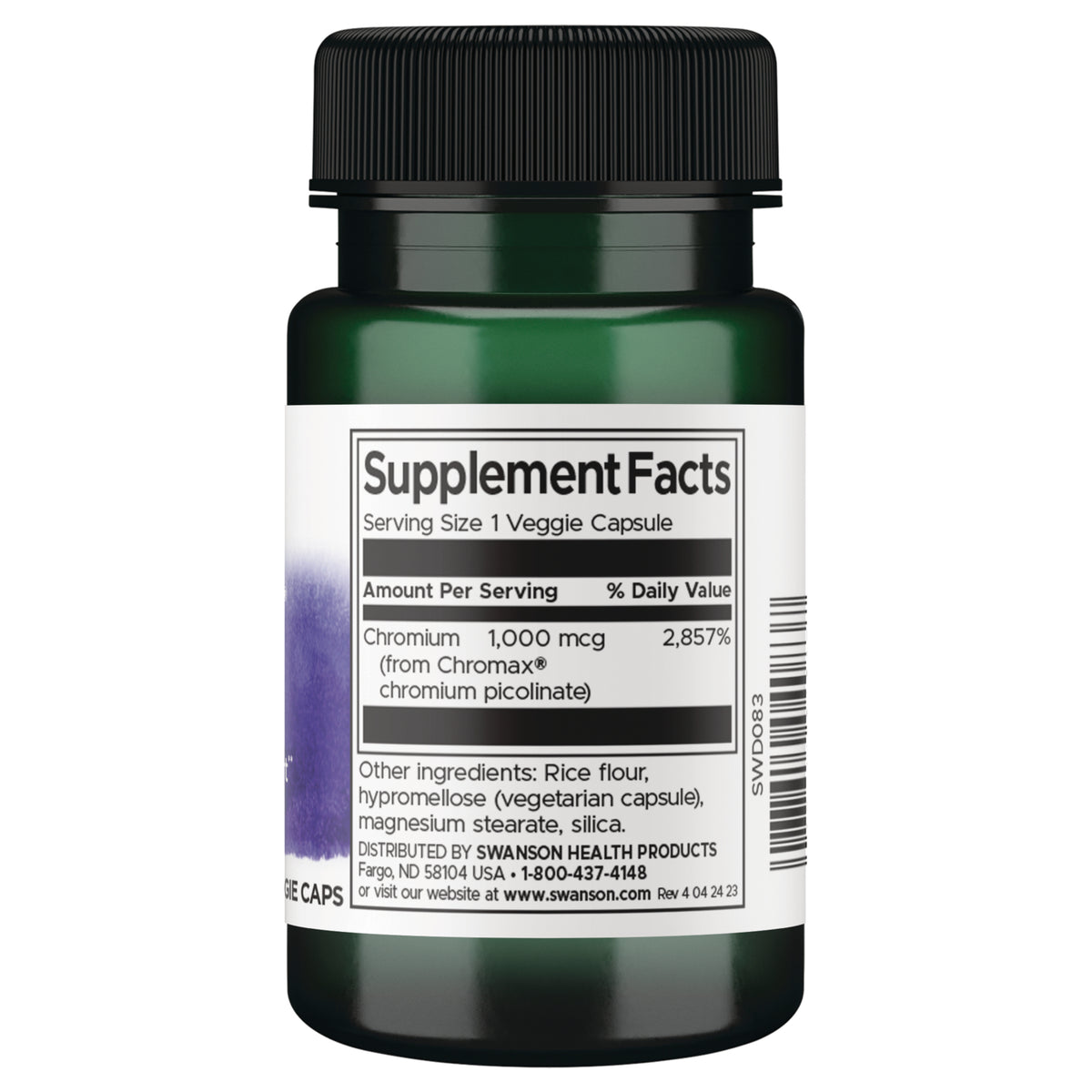 SWD083 | Back label with Supplement Facts: Serving Size 1 Veggie Capsule; Chromium 1,000 mcg