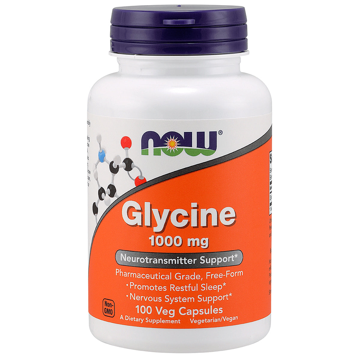 NWF312 | NOW Glycine 1000 mg white bottle with orange label, 100 Veg Capsules