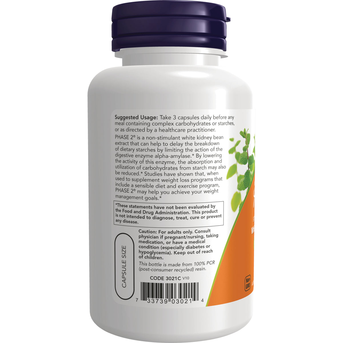 NWF1156 | Back label of white supplement bottle showing suggested usage, caution, barcode and capsule size