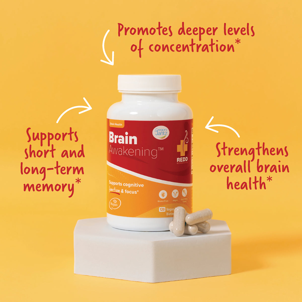 RED018 | Brain Awakening supplement bottle and three beige capsules on a pedestal against a yellow background