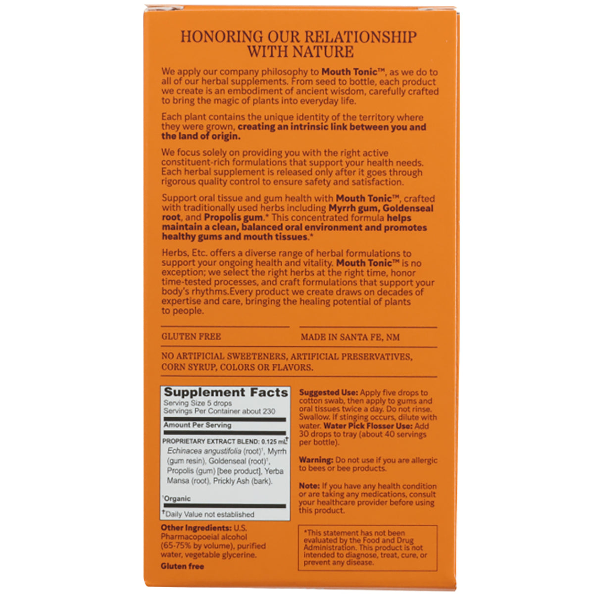 HE108 | Back of peach-orange supplement box showing Supplement Facts, ingredients, suggested use and manufacturer address