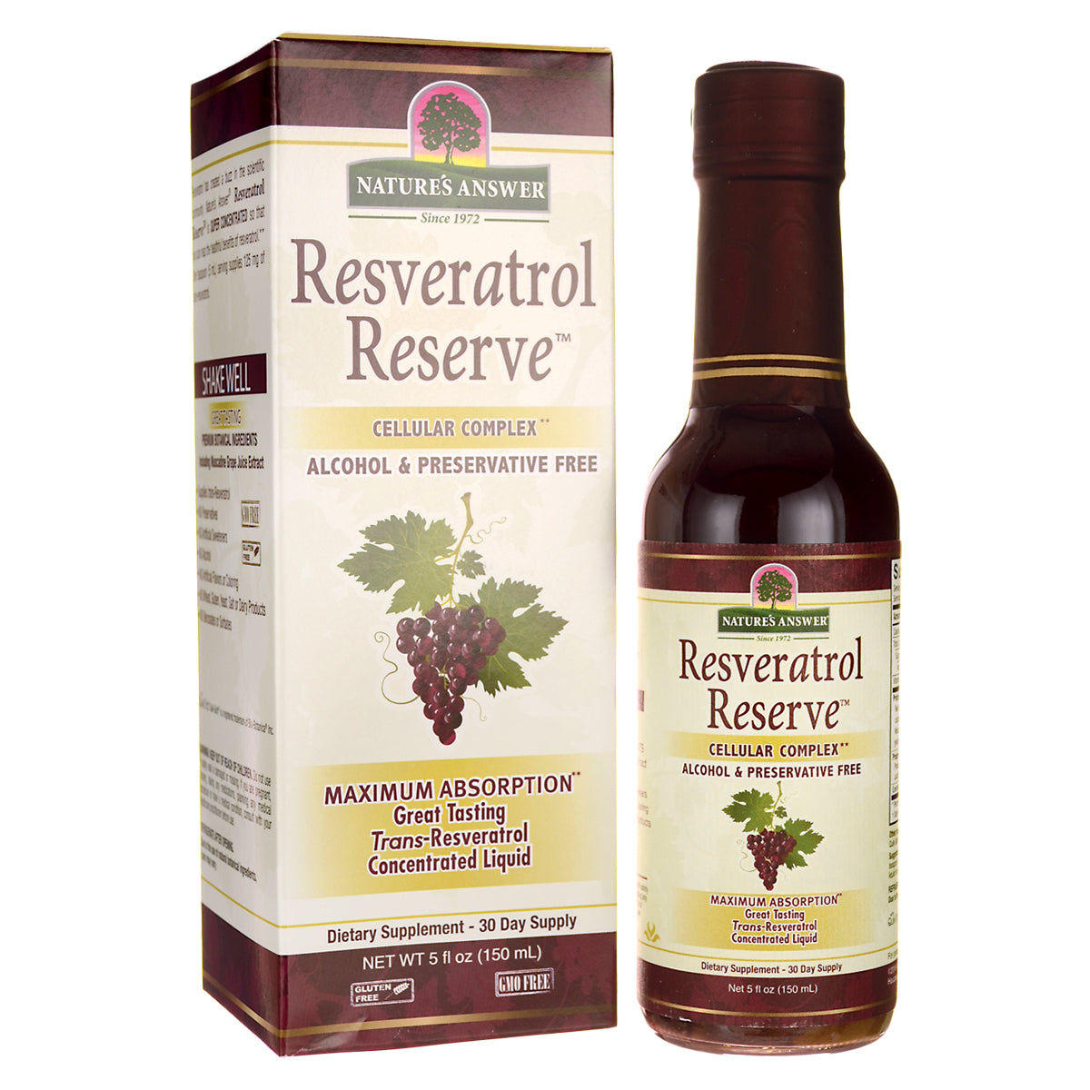 NAT106 | Bottle and box of Nature's Answer Resveratrol Reserve dietary supplement, alcohol & preservative free