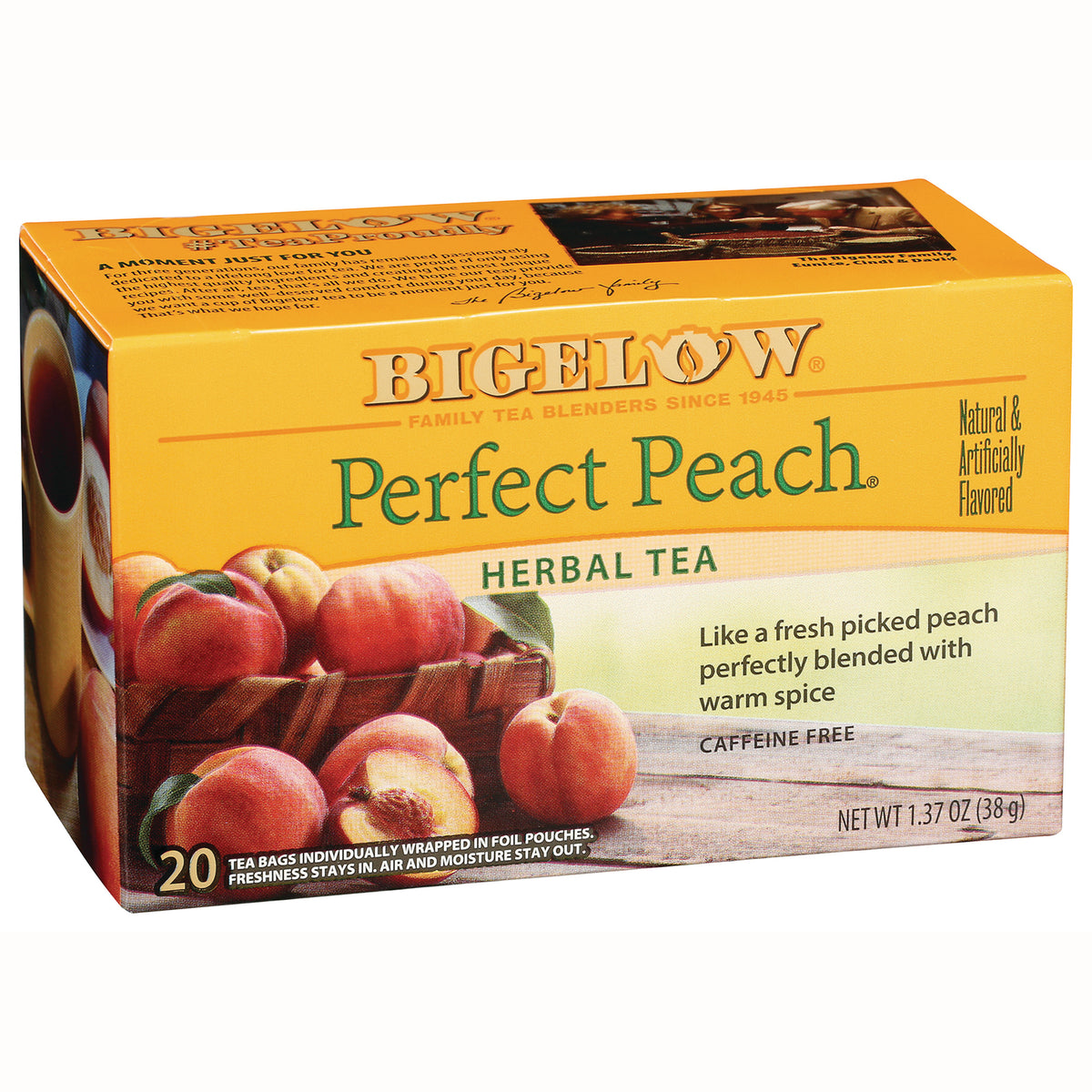 BGT023 | Bigelow Perfect Peach herbal tea box with peaches and basket illustration, 20 tea bags, caffeine free