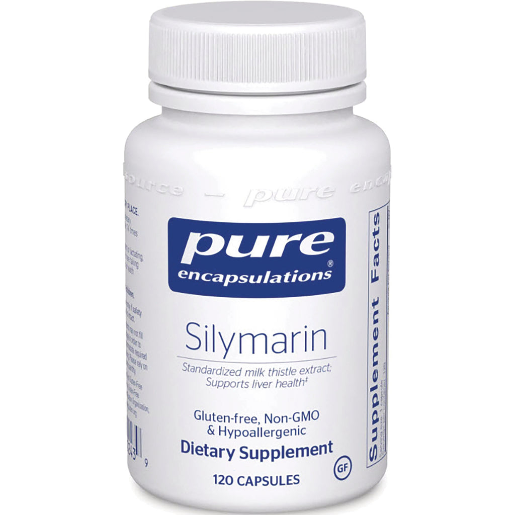 PRN117 | Pure Encapsulations Silymarin dietary supplement bottle front, 120 capsules, gluten-free Non-GMO - Thumbnail