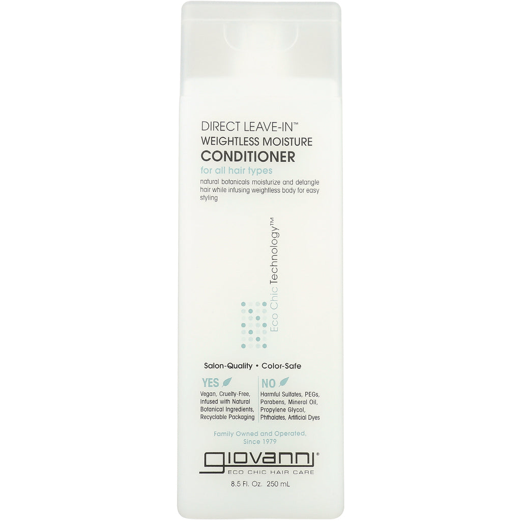 Giovanni Direct Leave-In weightless moisture conditioner bottle front label showing product name, benefits, and vegan/no harmful ingredients callouts - Thumbnail