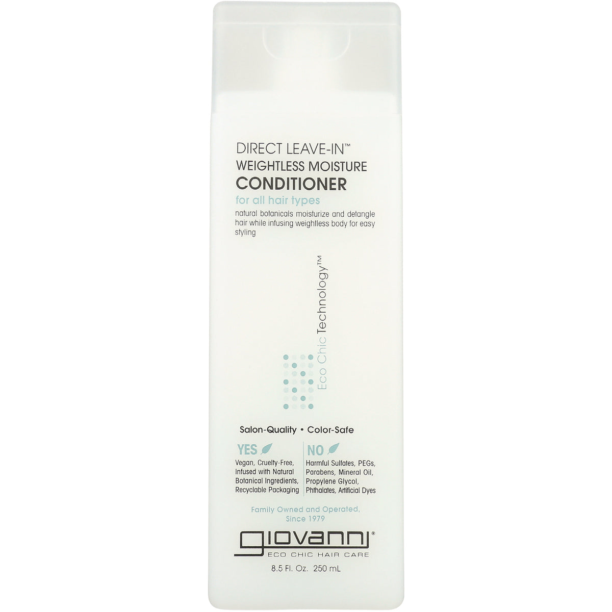 Giovanni Direct Leave-In weightless moisture conditioner bottle front label showing product name, benefits, and vegan/no harmful ingredients callouts