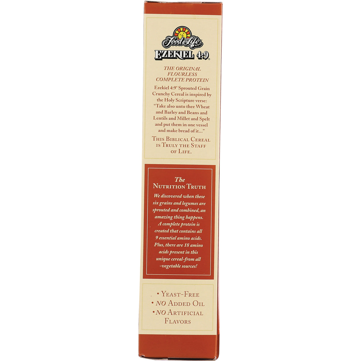FFL004 | Back panel of Ezekiel 4:9 cereal box showing nutrition truth text and claims Yeast-Free, No Added Oil, No Artificial Flavors