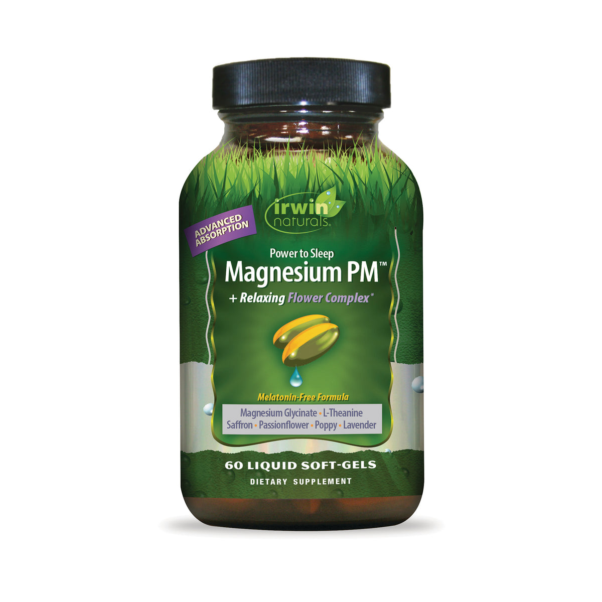 IR303 | Irwin Naturals Magnesium PM bottle with green label showing two yellow softgels and text 60 liquid soft-gels dietary supplement
