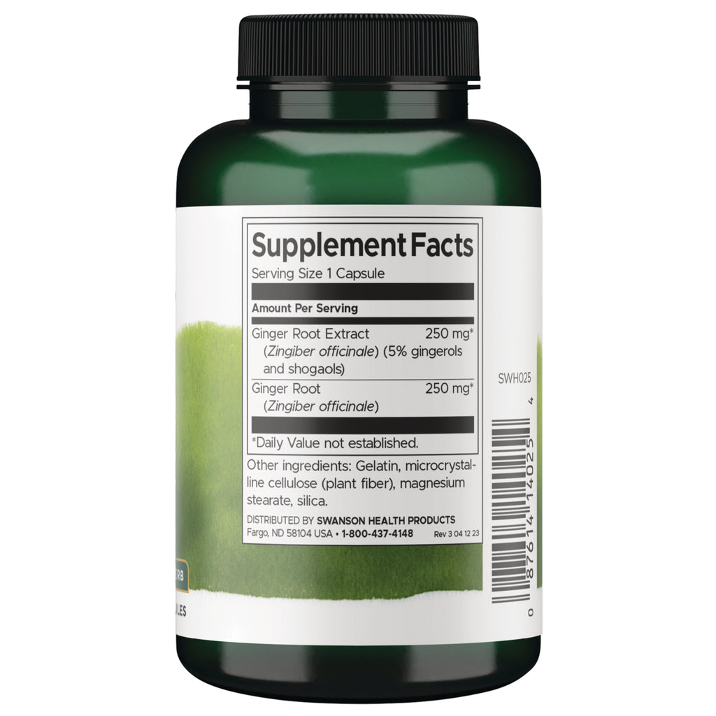 SWH025 | Back of supplement bottle showing Supplement Facts for ginger root capsules and barcode - Thumbnail