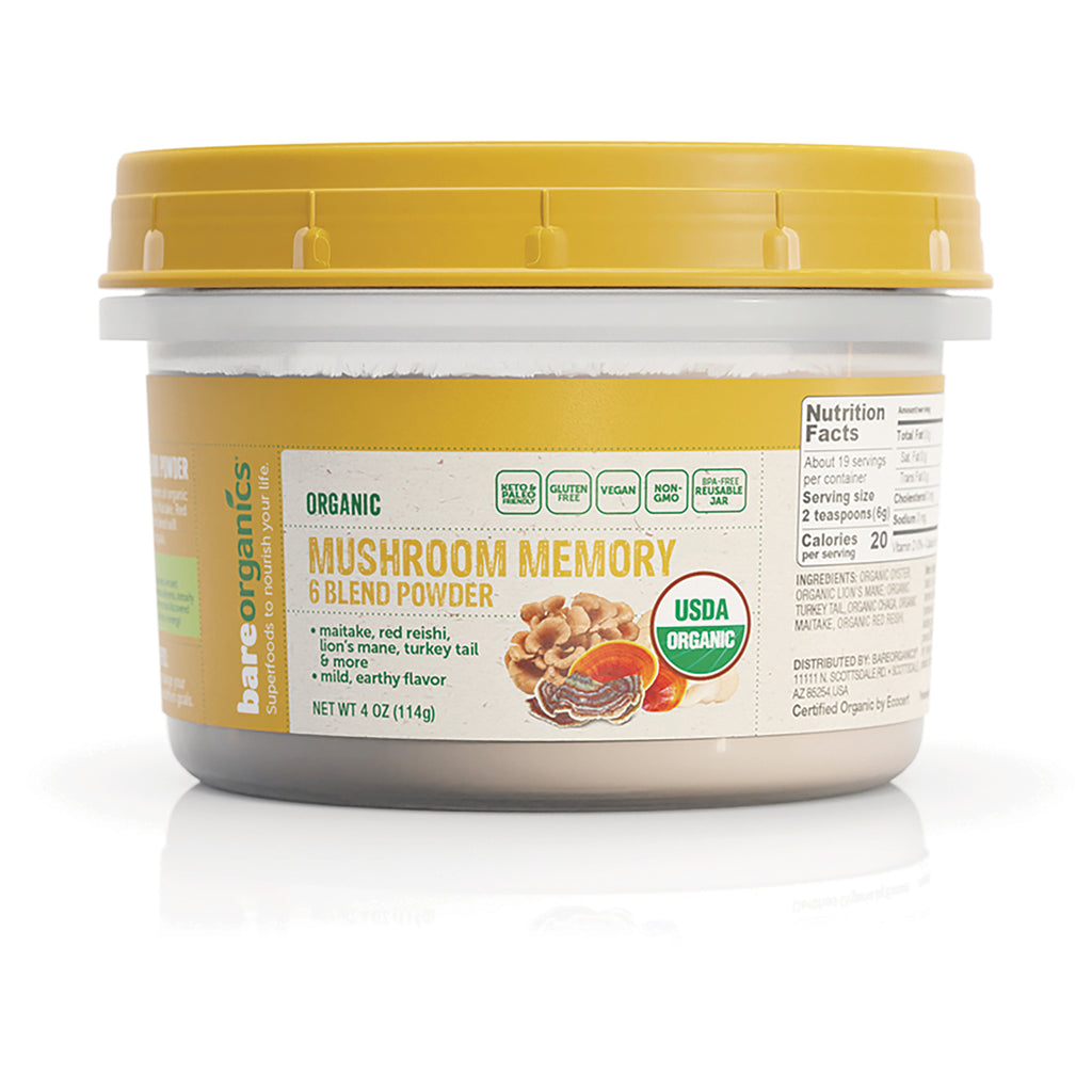 BOR028 | Front view of jar labeled MUSHROOM MEMORY 6 BLEND POWDER USDA ORGANIC with yellow lid - Thumbnail