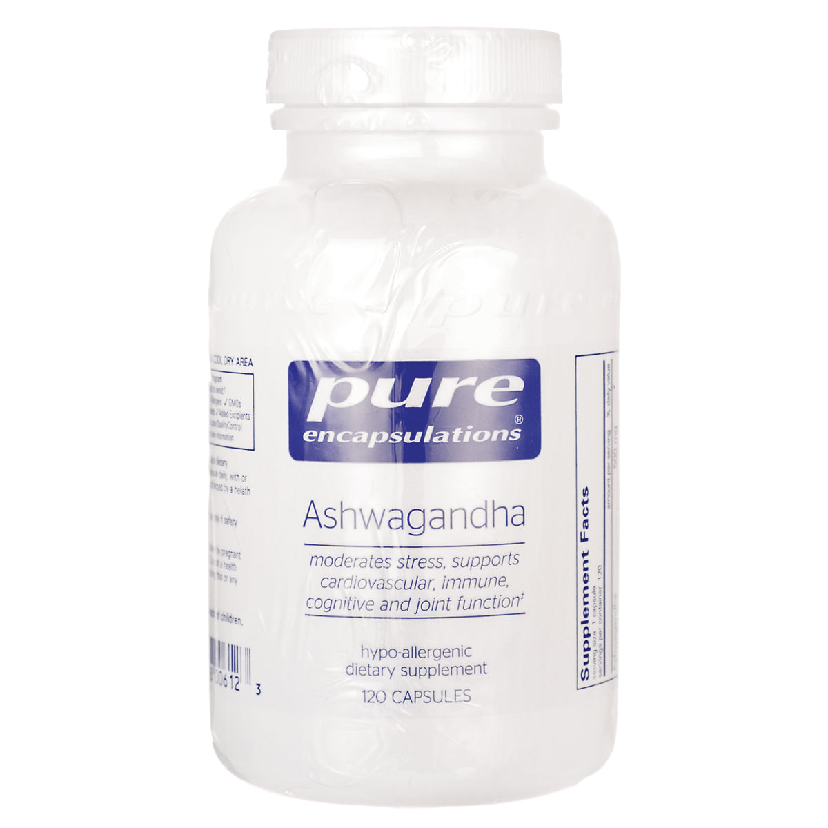 Pure Encapsulations Ashwagandha white supplement bottle front label 120 capsules