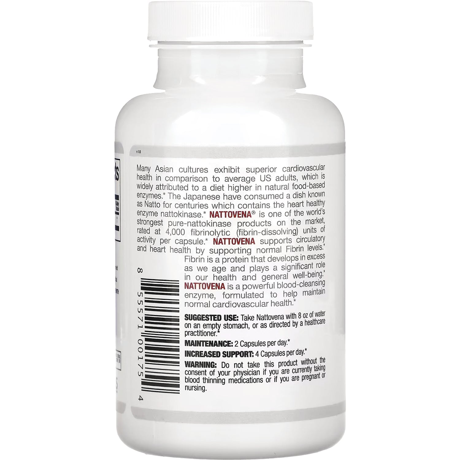 AAM016 | Back label of white supplement bottle showing NATTOVENA description, suggested use and barcode