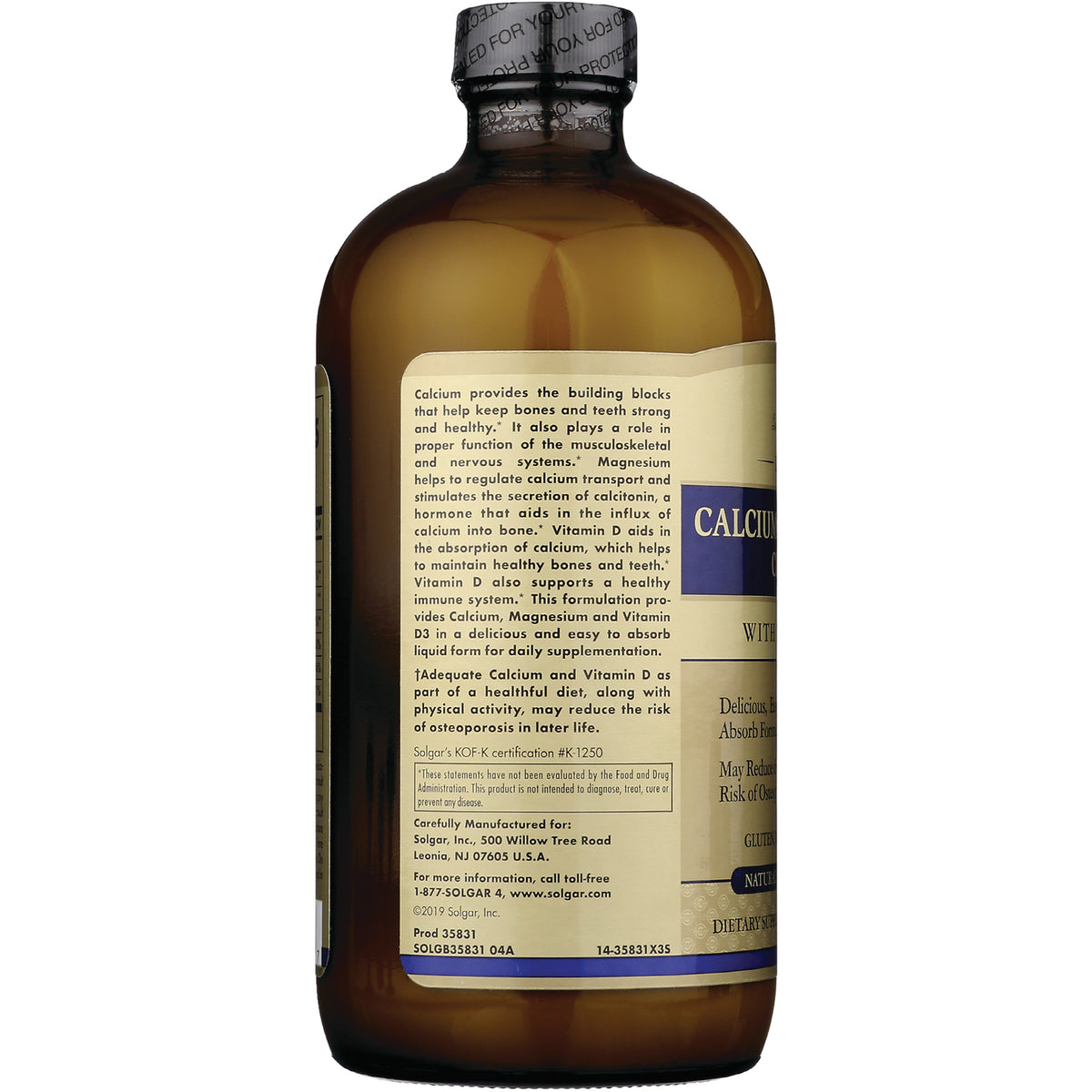 SLG317 | back of brown supplement bottle with product infographic label reading CALCIUM and ingredient text