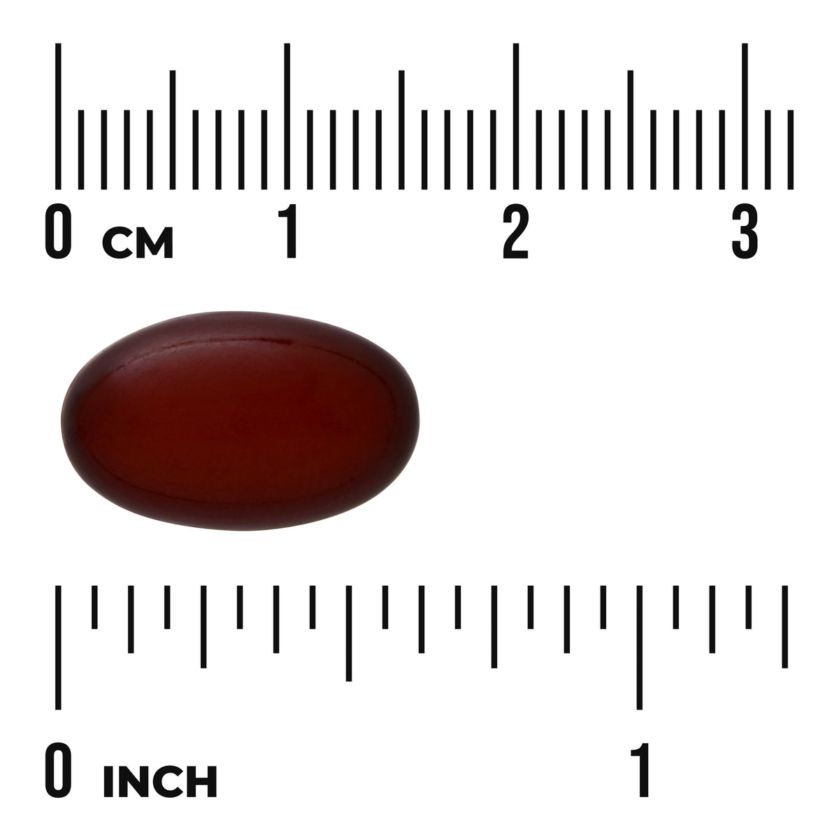 SWU150 | Brown oval softgel capsule on cm and inch rulers showing size about 2 cm