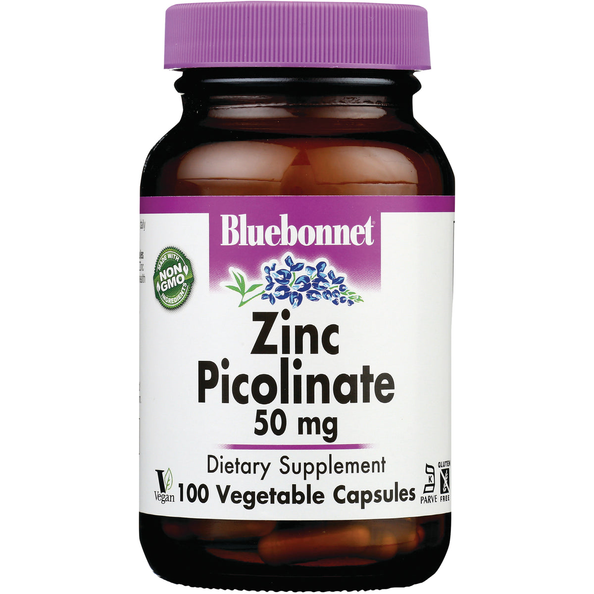 BLU138 | Bluebonnet Zinc Picolinate 50 mg dietary supplement bottle, 100 vegetable capsules, purple cap