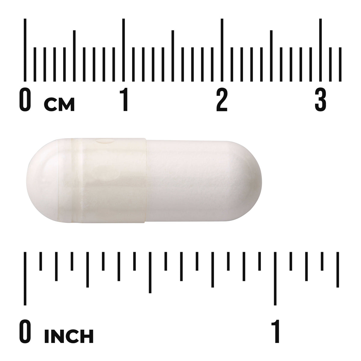 SW052 | White capsule on rulers showing size about 2.5 cm, visible text "0 CM" and "0 INCH"