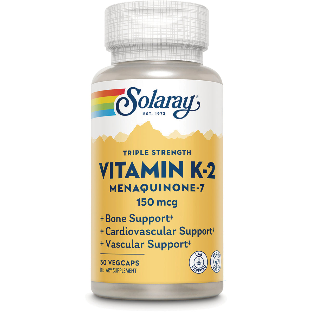 SLR425 | Solaray Vitamin K-2 Menaquinone-7 150 mcg bottle showing front label, 30 vegcaps