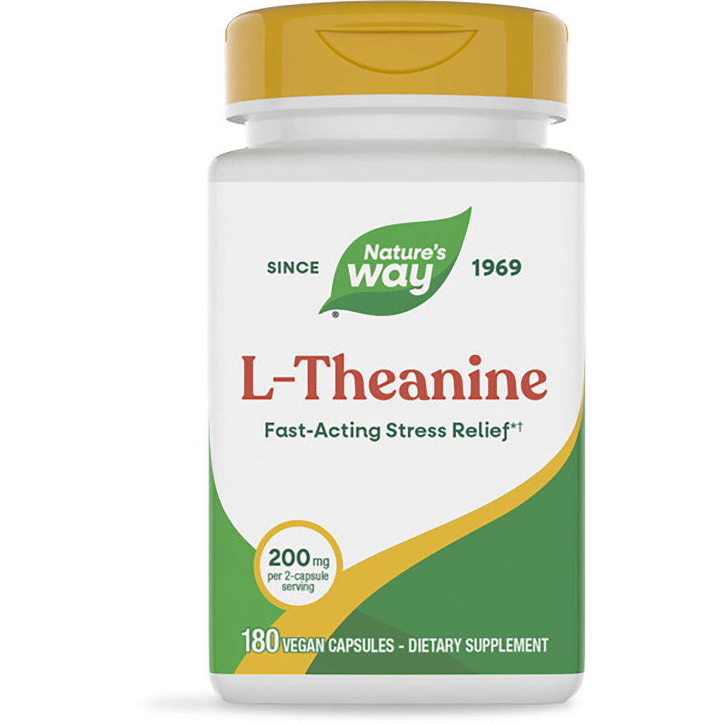ET391 | Nature's Way L-THEANINE supplement bottle with green cap, label Fast-Acting Stress Relief, 180 vegan capsules - Thumbnail