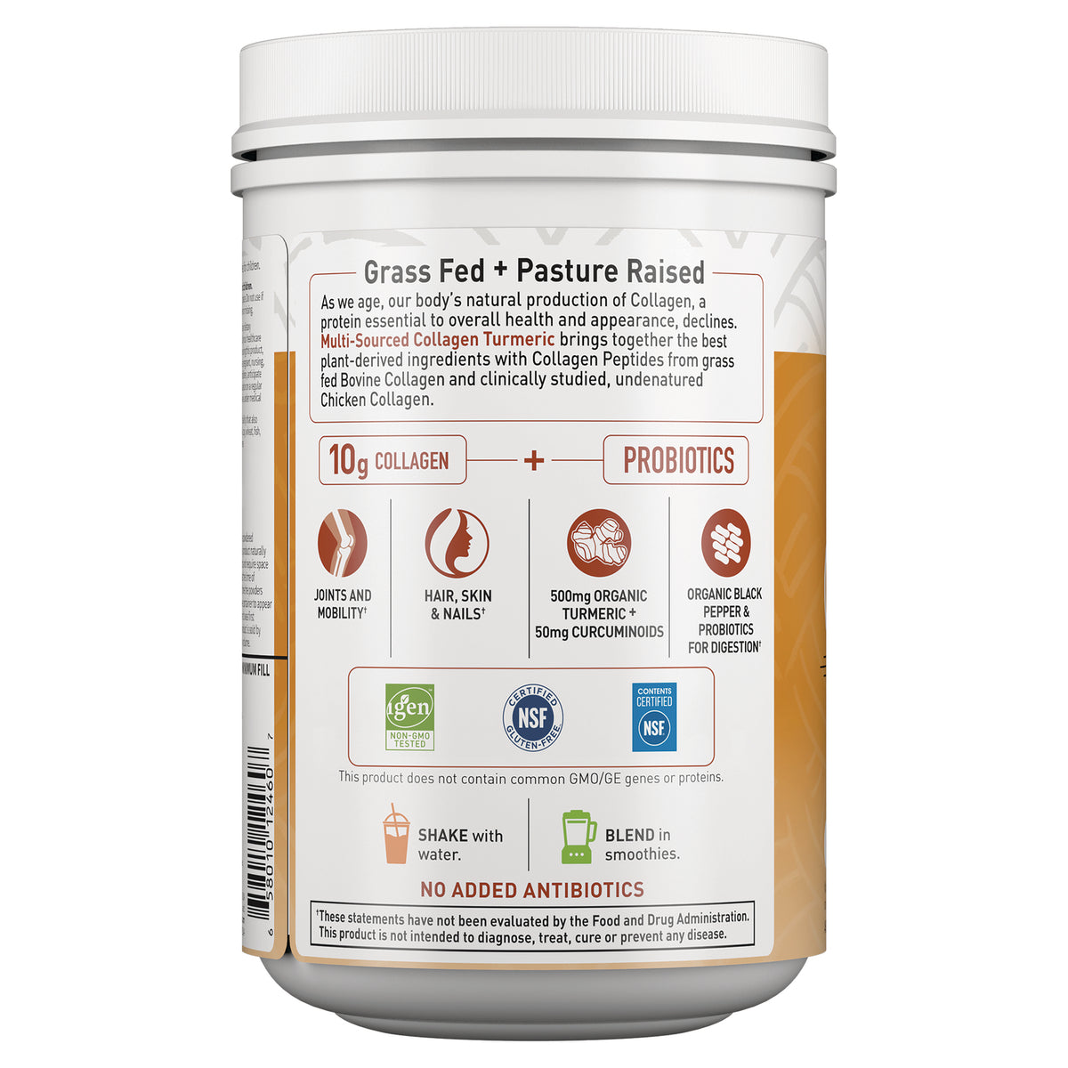 GLF281 | Back label of collagen supplement jar showing 10g collagen, probiotics, ingredient icons, certifications and usage instructions