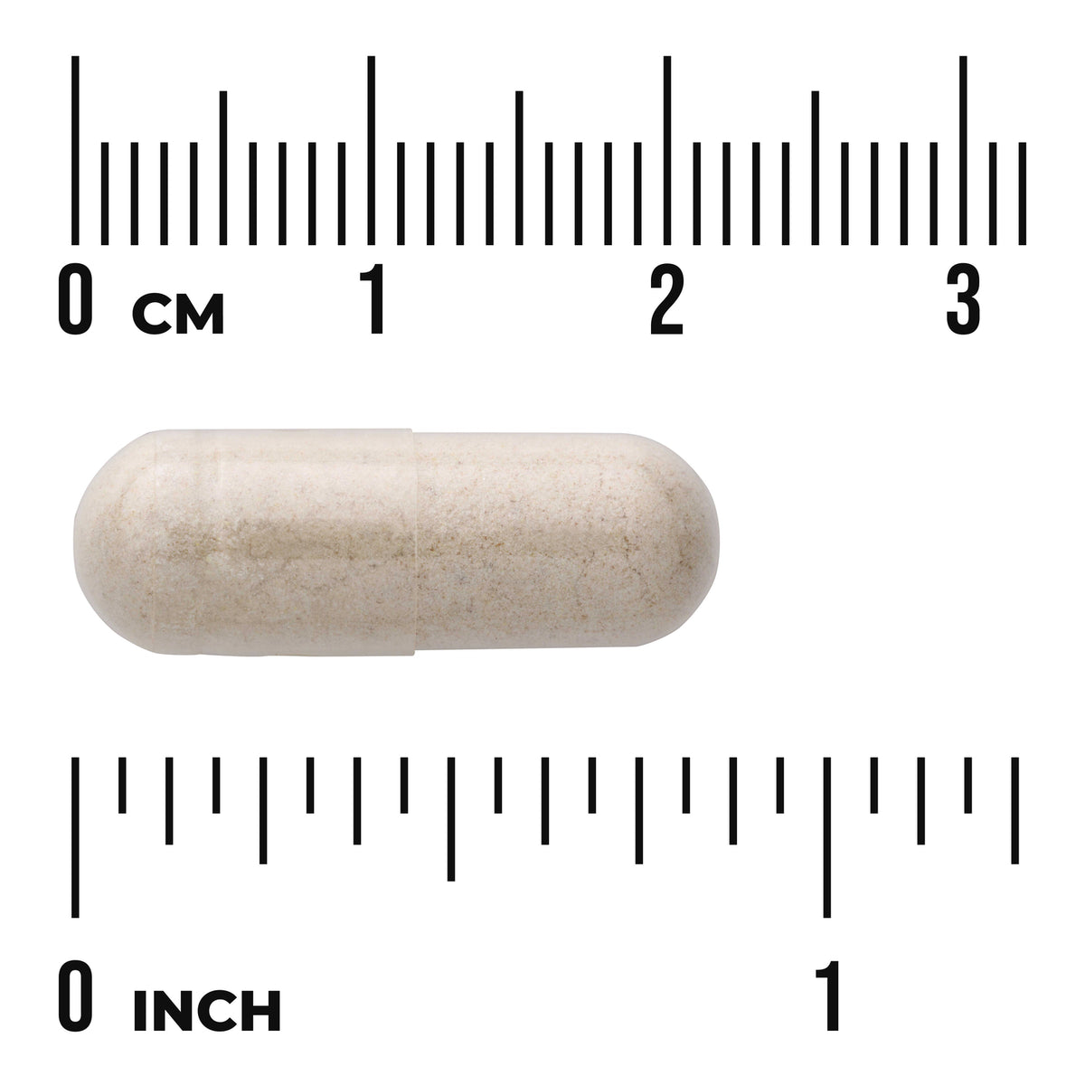 SW083 | beige capsule with metric and inch rulers showing ~2.5 cm length