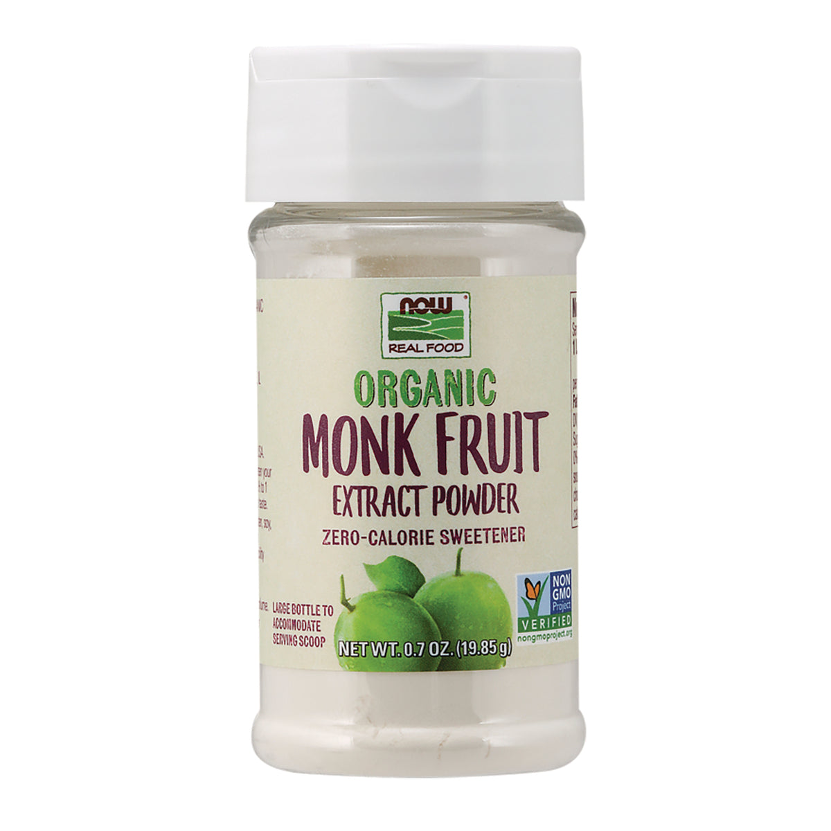 NWF1383 | NOW Real Food organic monk fruit extract powder jar, zero-calorie sweetener, 0.7 oz