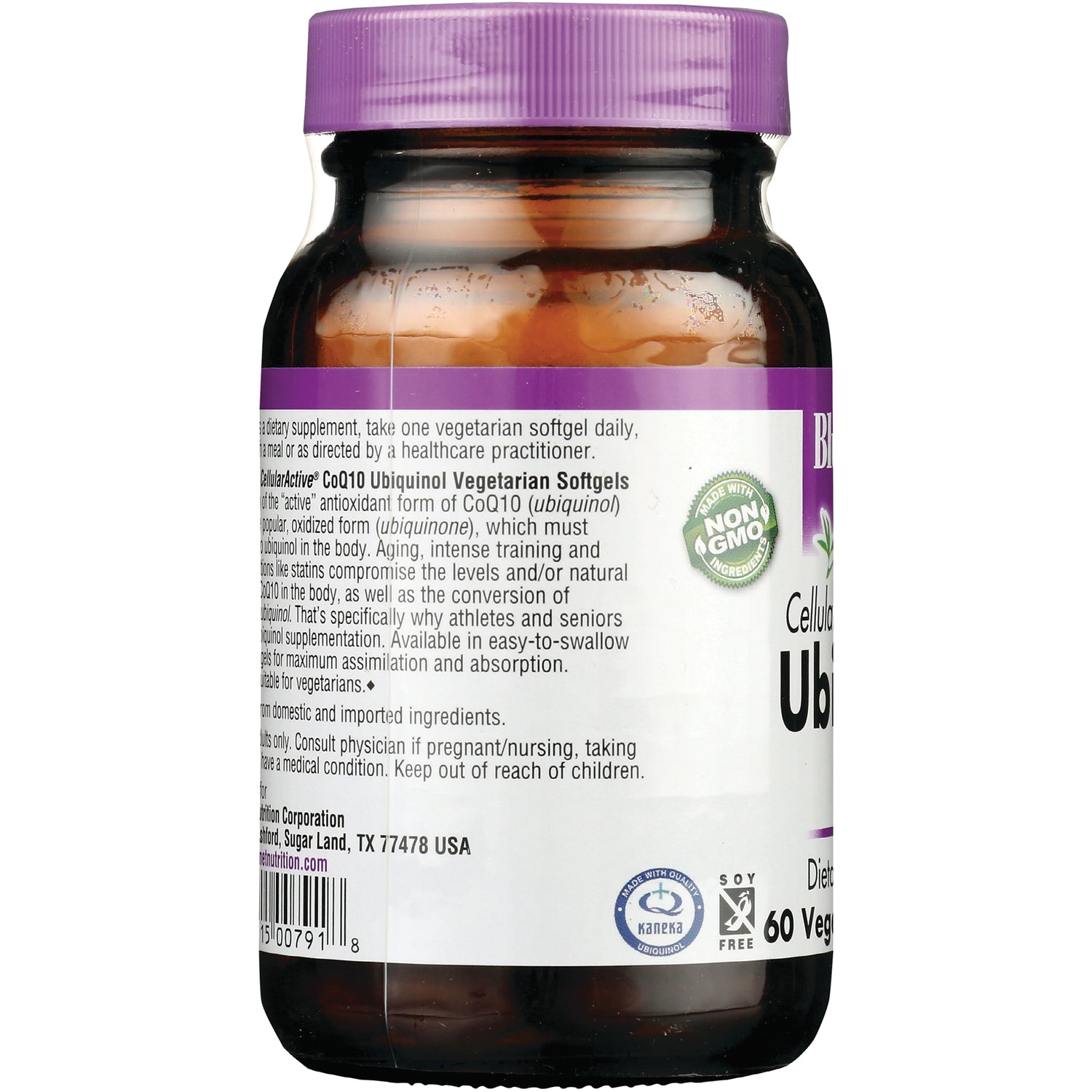 BLU064 | Bottle side label showing Ubiquinol vegetarian softgels description, usage directions, and Non GMO seal