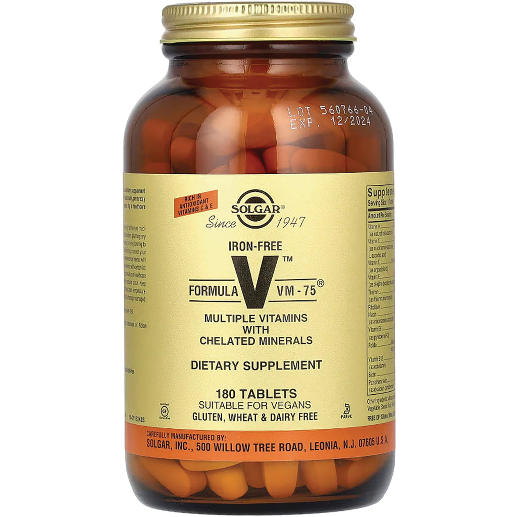 SLG286 | Solgar Formula VM-75 iron-free multiple vitamins bottle, amber jar with 180 tablets - Thumbnail