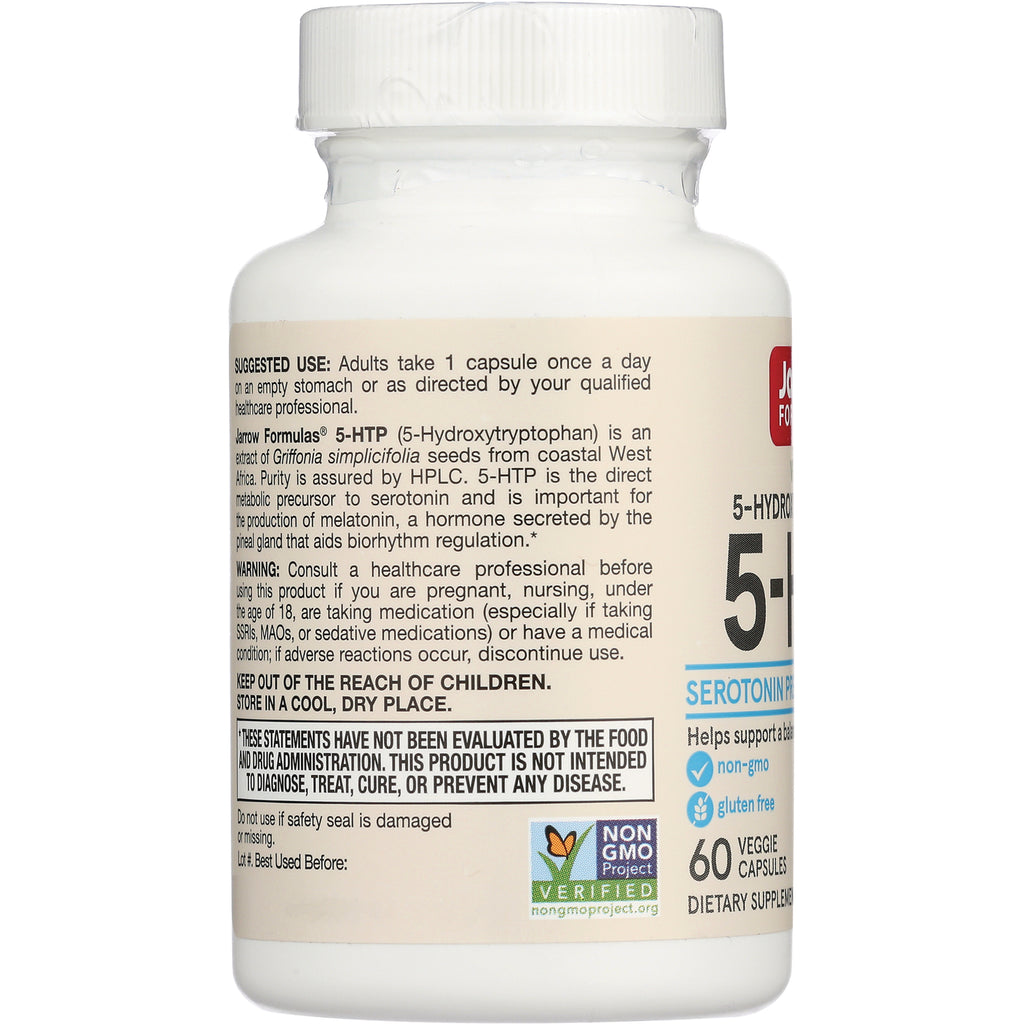 JR001 | Back label of white supplement bottle showing suggested use, warnings, non-GMO verified logo and 60 veggie capsules - Thumbnail