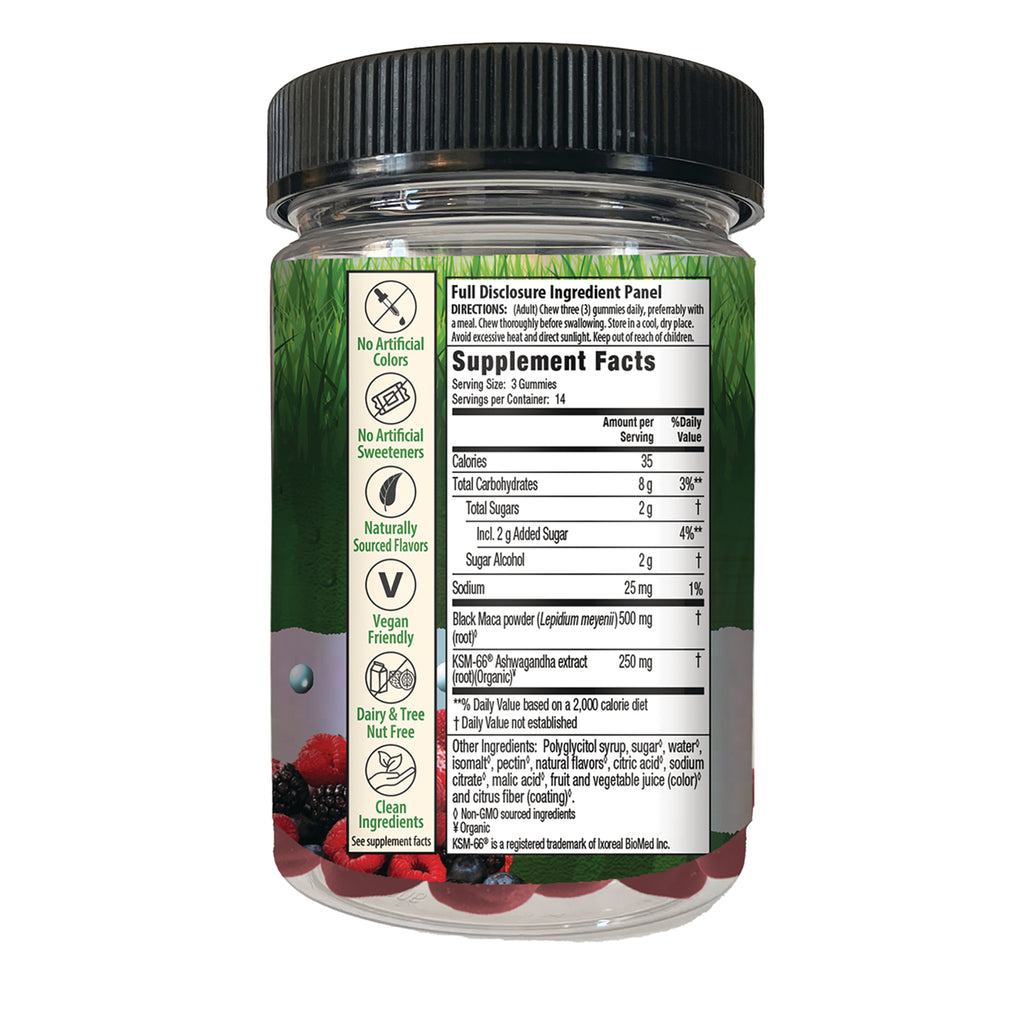IR307 | back of clear supplement bottle showing Supplement Facts panel and icons for vegan, no artificial colors, dairy and tree nut free - Thumbnail