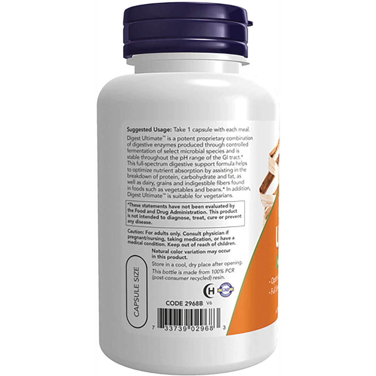 NWF1071 | back label of white supplement bottle showing suggested usage text, barcode, and capsule size