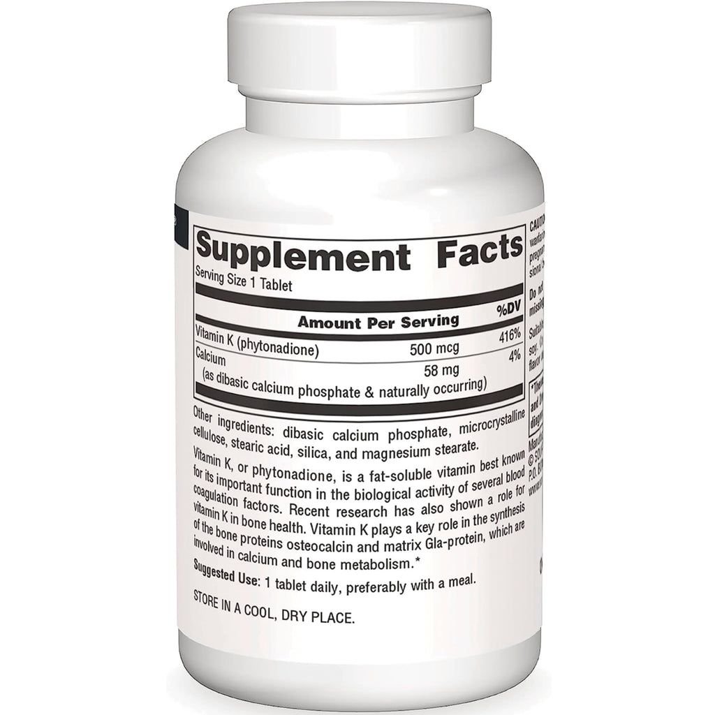 SN606 | Supplement Facts panel showing serving size 1 tablet, Vitamin K 500 mcg and Calcium 58 mg - Thumbnail
