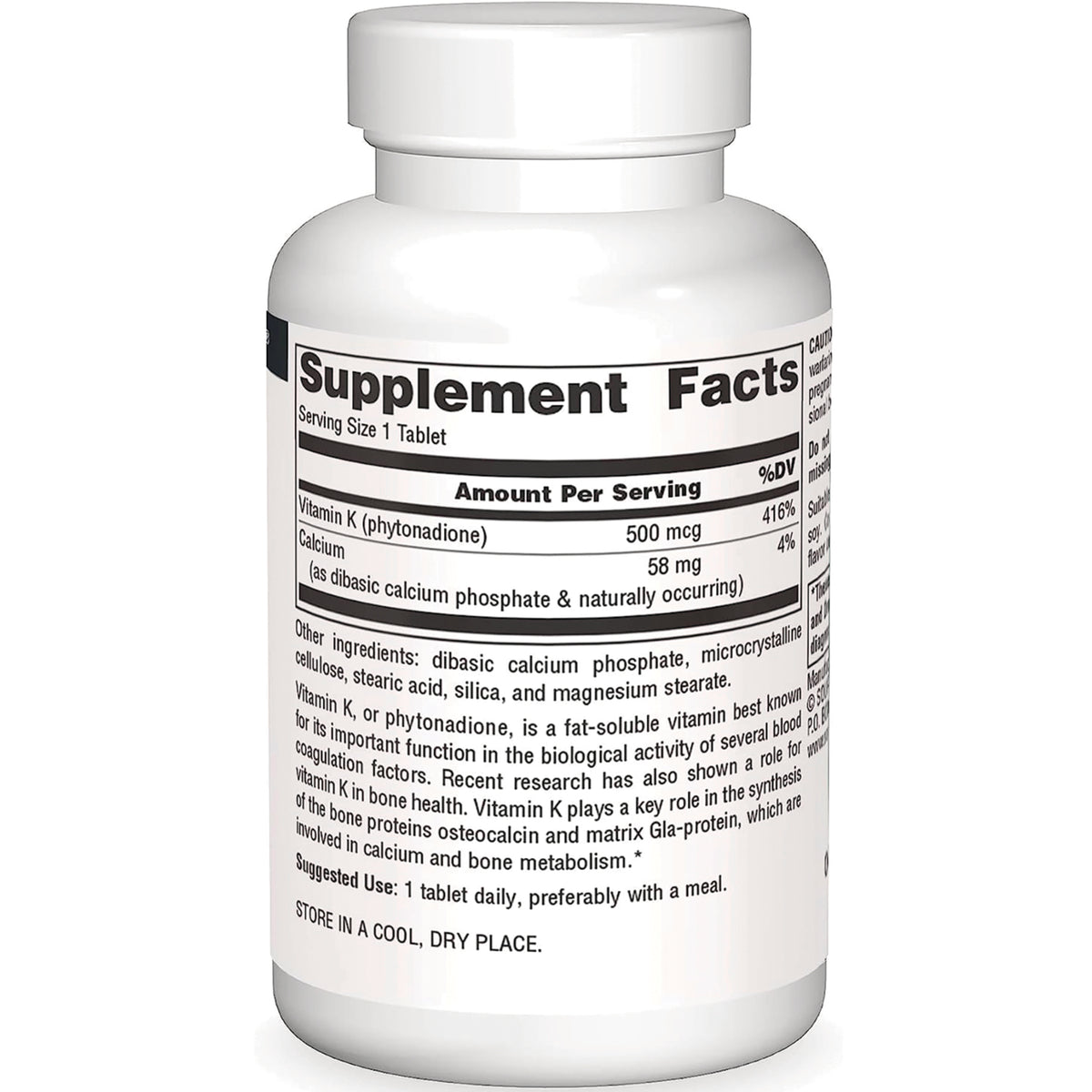 SN606 | Supplement Facts panel showing serving size 1 tablet, Vitamin K 500 mcg and Calcium 58 mg