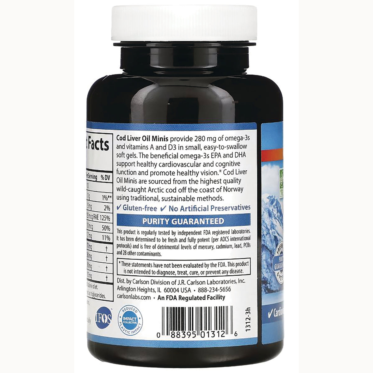 Back label of Cod Liver Oil Minis bottle showing nutrition facts, purity guaranteed statement and barcode