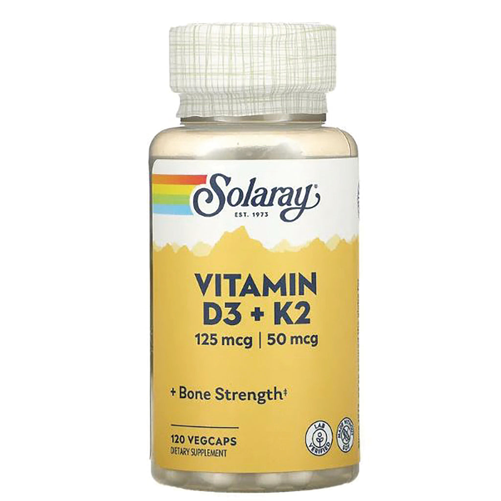 SLR470 | Solaray Vitamin D3 + K2 bottle 125 mcg 50 mcg 120 vegcaps front label - Thumbnail