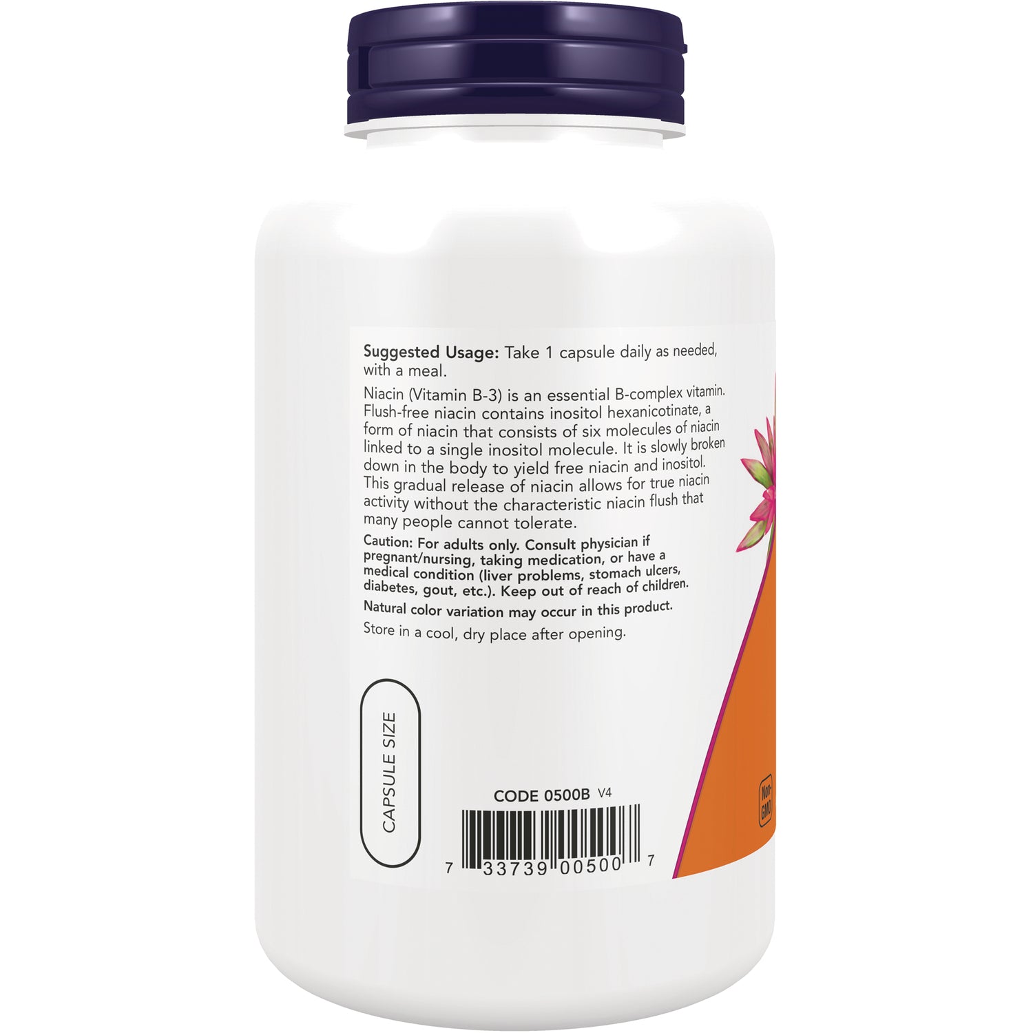 NWF944 | back of white supplement bottle showing suggested usage text, caution, barcode and capsule size indicator